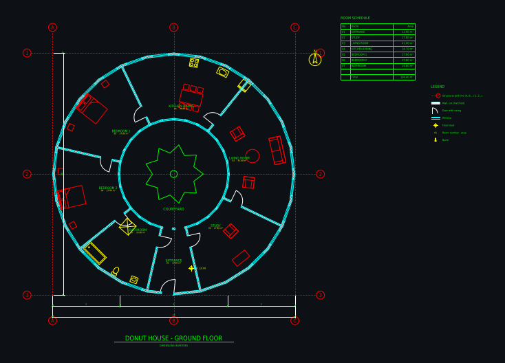 CAD floor plan: Donut house: ring home 18 m around a round courtyard