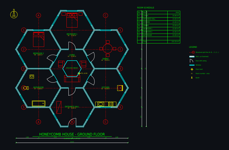 CAD floor plan drawn by AI: Honeycomb house: seven hexagonal rooms, 5 m each