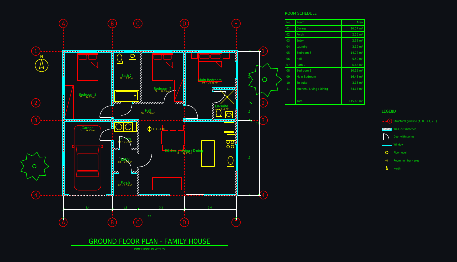 CAD floor plan: Family house 12 × 10 m, 3 bedrooms