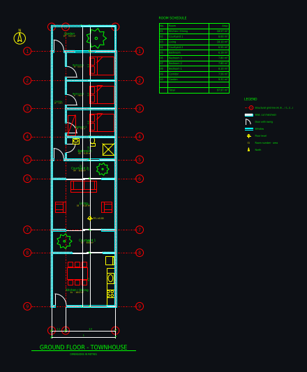 CAD floor plan drawn by AI: Narrow townhouse on a 5 m wide lot: 3 bedrooms, 2 courtyards
