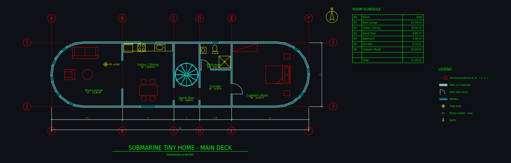 CAD floor plan: Submarine tiny home: 20 × 5 m hull with rounded ends