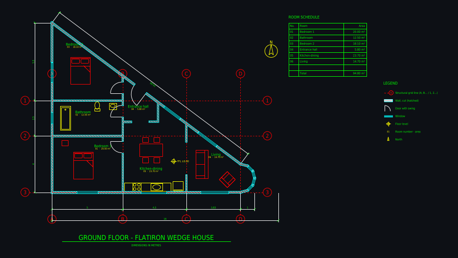 CAD floor plan: Flatiron-style wedge home on a triangular plot, 20 × 16 × 12 m