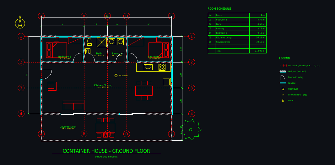 CAD floor plan: Shipping container home 12.2 × 7.3 m, 2 bedrooms