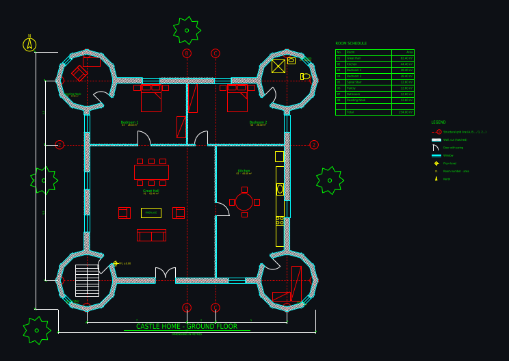 CAD floor plan drawn by AI: Castle home 14 × 14 m with four round corner towers