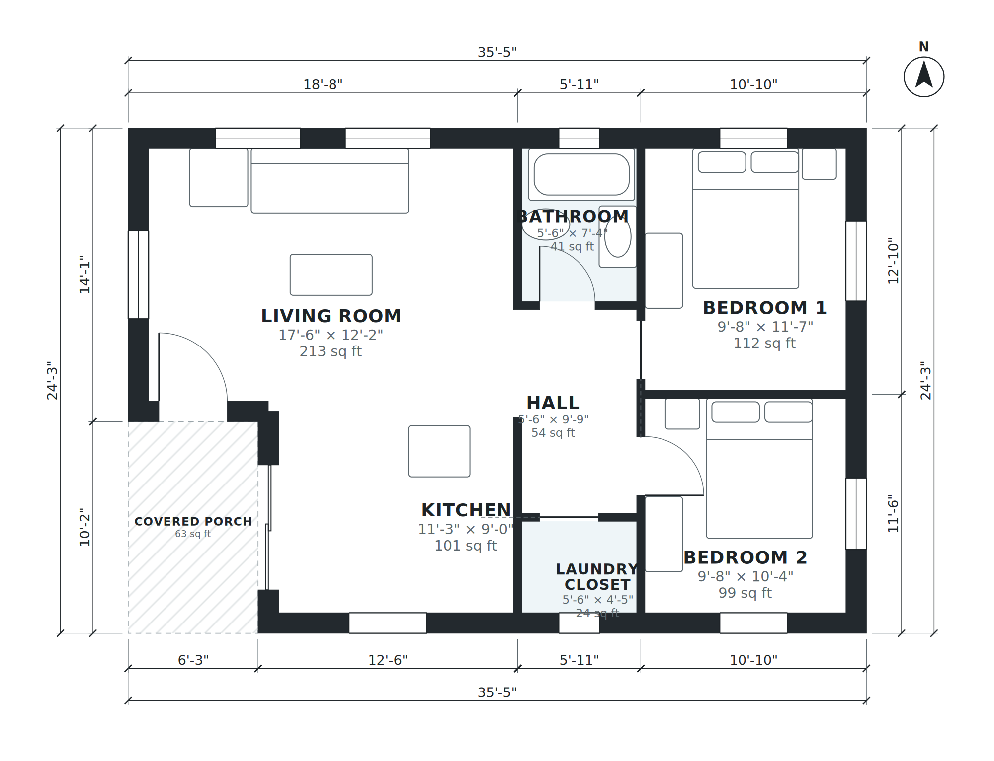 Version 1 floor plan: AI-generated dimensioned floor plan with room names, sizes and areas