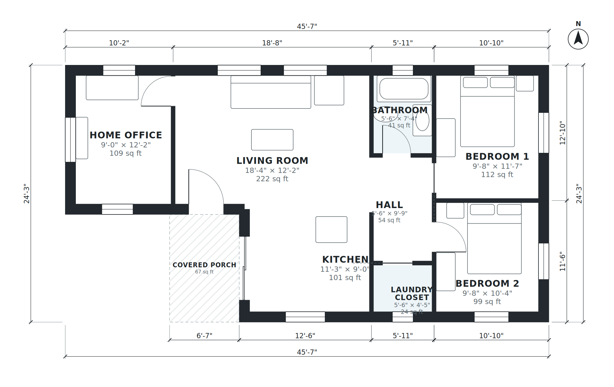 Version 2 floor plan: AI-generated dimensioned floor plan with room names, sizes and areas