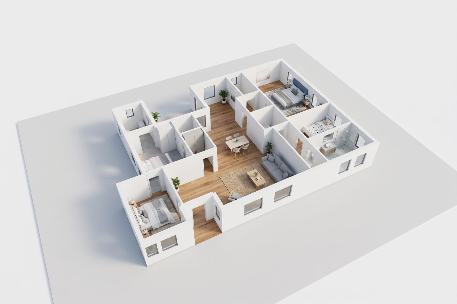 Aerial render of the modern ranch, 3 bedrooms, designed by chat (AI-generated)