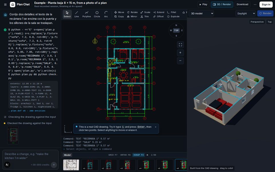 The Plan Chat CAD studio with the chat, a layered floor plan and a 3D model
